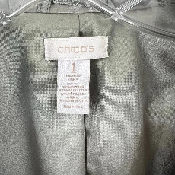 Chicos Size 1 M Metallic Crinkle Jacket Silver - Drawstring Collar Pockets - Picture 7 of 8